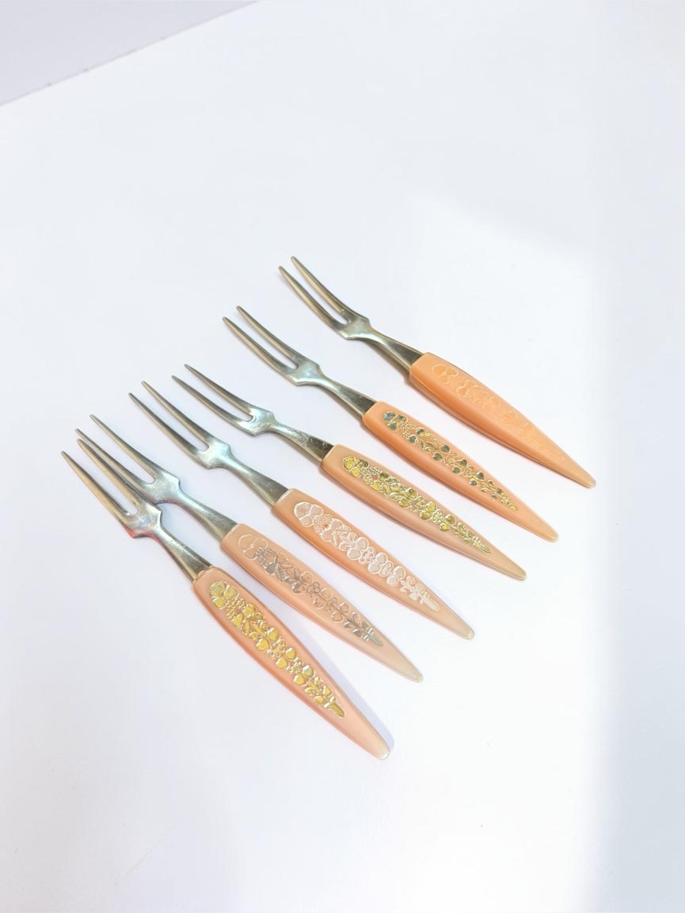 Vintage Japan Cocktail Forks Set of 6 Peach Floral Stainless Steel